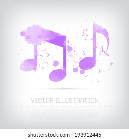 Vector grungy textured hand painted watercolor purple musical notes icon with paint stains and blots. 