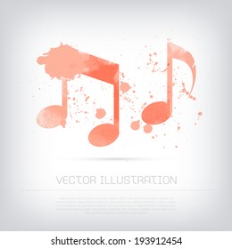 Vector grungy textured hand painted watercolor red musical notes icon with paint stains and blots. 