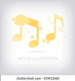 Vector grungy textured hand painted watercolor yellow musical notes icon with paint stains and blots. 