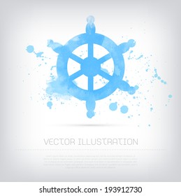 Vector grungy texturizado pintado a mano acuarela azul icono de rueda de barco con manchas de pintura y manchas. 