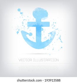 Vector grungy textured hand painted watercolor blue anchor icon with paint stains and blots. 