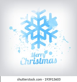 Vector grungy textured hand painted watercolor blue snowflake icon with paint stains and blots. Christmas greeting card