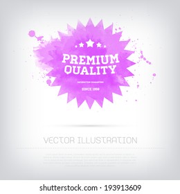 Vector grungy textured hand painted watercolor purple Premium Quality badge with paint stains and blots. 