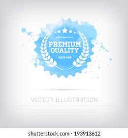 Vector grungy textured hand painted watercolor blue Premium Quality badge with paint stains and blots. 