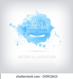 Vector grungy textured hand painted watercolor blue Christmas greeting card with paint stains and blots. 