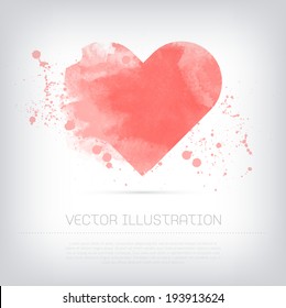 Vector grungy textured hand painted watercolor pink heart icon with paint stains and blots. 
