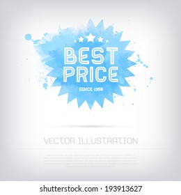 Vector grungy textured hand painted watercolor blue Best Price badge with paint stains and blots. 