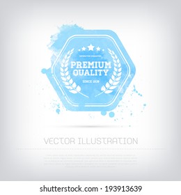 Vector grungy textured hand painted watercolor blue Premium Quality Guarantee badge with paint stains and blots. 