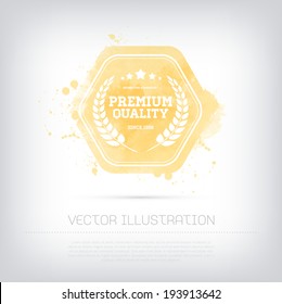 Vector grungy textured hand painted watercolor yellow Premium Quality badge with paint stains and blots. 
