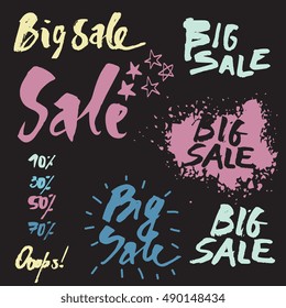 Vector grungy textured hand painted watercolor Big Sale lettering. 
