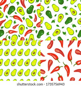 Vector guacamole seamless texture. Avocado and chilli pepper pattern collection. Avocado and hot pepper background set