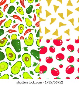 Vector Guacamole nahtlose Textur. Avocado, Chili Pfeffer, Tomaten und Nachos Mustersammlung. Hintergrund für Avocado und Hot Pfeffer