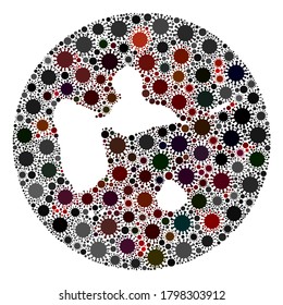 Vector Guadeloupe map collage of coronavirus. Infection attacks the isolated territory from out space. Hole circle Guadeloupe map collage created with infection parts.