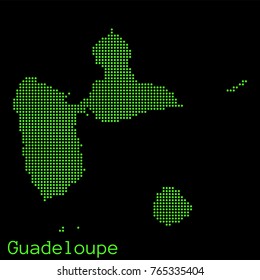 Vector Guadeloupe map dotted silhouette with green dots on a black background (as on old ancient computers running DOS)