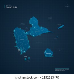 Vector Guadeloupe map illustration with blue neon lightpoints - triangle on dark blue gradient background. Administrative divisions, cities, borders, capital. Neon tech background with glow. 
