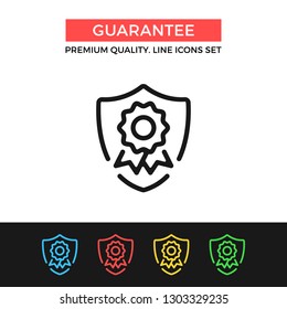 Vector guarantee icon. Shield with award badge. Premium quality graphic design. Modern signs, outline symbols collection, simple thin line icons set for websites, web design, mobile app, infographics
