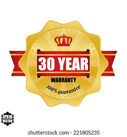 Vector guarantee sign and red ribbon, 30 year warranty gold label.