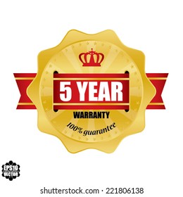 Vector guarantee sign and red ribbon, 5 year warranty gold label.