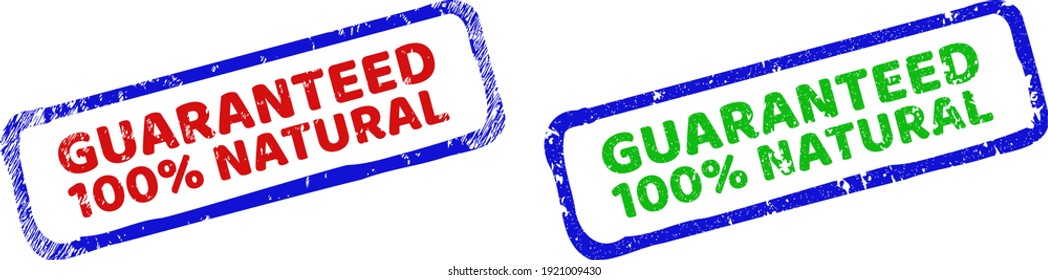 Vector GUARANTEED 100 percents NATURAL framed imprints with unclean style. Rough bicolor rectangle seal stamps. Red, blue, green colors used.