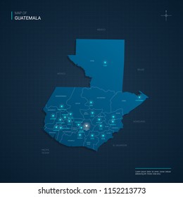 Vector Guatemala map illustration with blue neon lightpoints - triangle on dark blue gradient background. Administrative divisions, cities, borders, capital. Neon tech background with glow. 