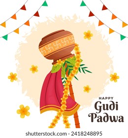 vector gudi padwa festival illustration with flowers and leaves