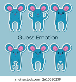 Vector Guess Emotion Children's Task. 6 Stickers with mice and different emotions. Stickerpack