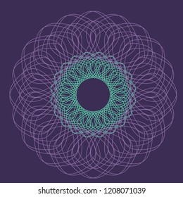 Vector guilloche decorative rosette element. Ornamental round lace pattern background for certificate, note, ticket, reward, diploma, voucher design. Abstract colored circle frame. Digital watermark.