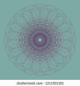 Vector guilloche decorative rosette element. Ornamental round lace pattern background for certificate, note, ticket, reward, diploma, voucher design. Abstract colored circle frame. Digital watermark.