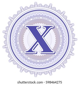 Vector Guilloche Pattern Rosette and border with letter X. Monetary banknote background print. Abstract guilloche letter design.