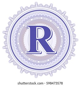 Vector Guilloche Pattern Rosette and border with letter R. Monetary banknote background print. Abstract guilloche letter design.
