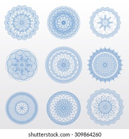 Vector guilloche rosettes. Use for banknote, diploma, certificate, note, currency, voucher or money design. Eps 10.