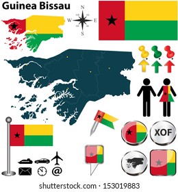 Vector of Guinea Bissau set with detailed country shape with region borders, flags and icons