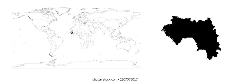 Vektor-Guinea-Karte, die die Lage auf der Weltkarte und die Karte auf weißem Hintergrund für Guinea zeigt. Die Datei eignet sich für die digitale Bearbeitung und Drucke aller Größen.