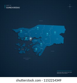 Vector Guinea-Bissau map illustration with blue neon lightpoints - triangle on dark blue gradient background. Administrative divisions, cities, borders, capital. Neon tech background with glow. 