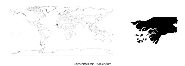 Vector Guinea-Bissau map showing country location on world map and solid map for Guinea-Bissau on white background. File is suitable for digital editing and prints of all sizes.