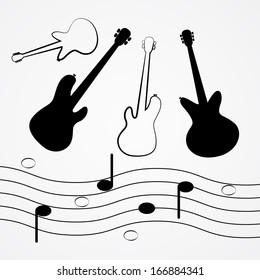 Vector Guitar, Bass, Staff, Notes Black Outlines and Silhouette 