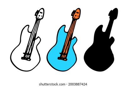 Vector guitar in blue color. a hand-drawn set of elements in the doodle style, a musical instrument guitar, an isolated contour and a silhouette in black on a white background for a label design 