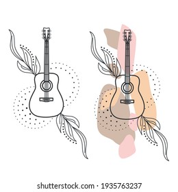 Vector guitar emblem decorated with plants line elements in modern style, black on white background for tattoos and print, musical symbol silhouette
