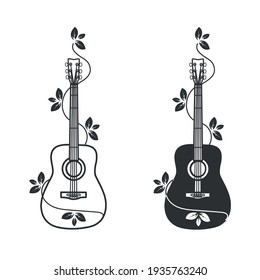Vector guitar emblem decorated with plants line elements in modern style, black on white background for tattoos and print, musical symbol silhouette