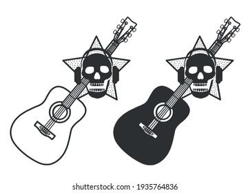 Vector guitar emblem decorated with a skull in headphones and a star made of dots, black on a white background for tattoos and prints, music symbol silhouette
