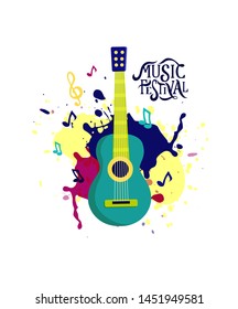 Vector guitar in flat style design.  Music instrument. Template for music festival banner, poster, concert, invitation, greeting card. 