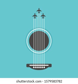 Vector guitar flat style illustration. Music instrument abstract graphic design, colorful with plane.