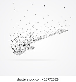 Vector guitar from floating tunes isolated on white background.