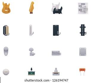 Vector guitar icons set. Part 2. Includes electric guitar parts and hardware - body. neck, pickups, scratch plates, knobs, tuners, switches and other