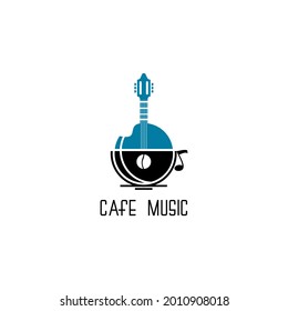 vector guitar logo on a cup of coffee, cafe music text, inspiration icon and logo