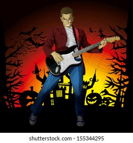 Vector Guitar Man Halloween background with pumpkin, bats and witch