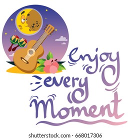 Vector Guitar with maracas in full moon. Design for summer banner or poster. Illustration isolated on white background with place for text