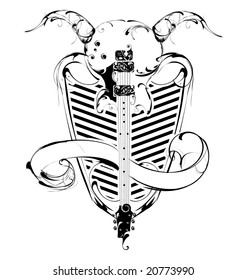 guitarra vectorial en el escudo con pancartas y cuernos