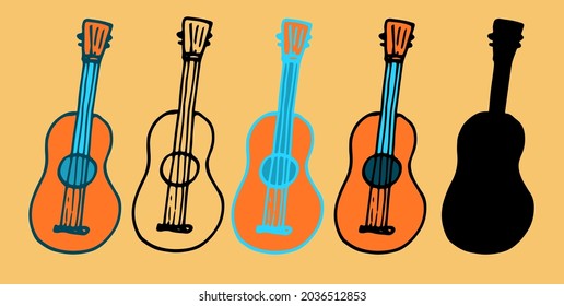 Guitarra vectorial en colores naranja y azul en estilo plano. un conjunto de instrumentos musicales con elementos de la GUITARRA a mano en forma de doodle, contorno aislado y silueta en negro para un tentación de diseño de etiqueta