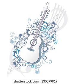 Vector guitar with ornaments and music notes.